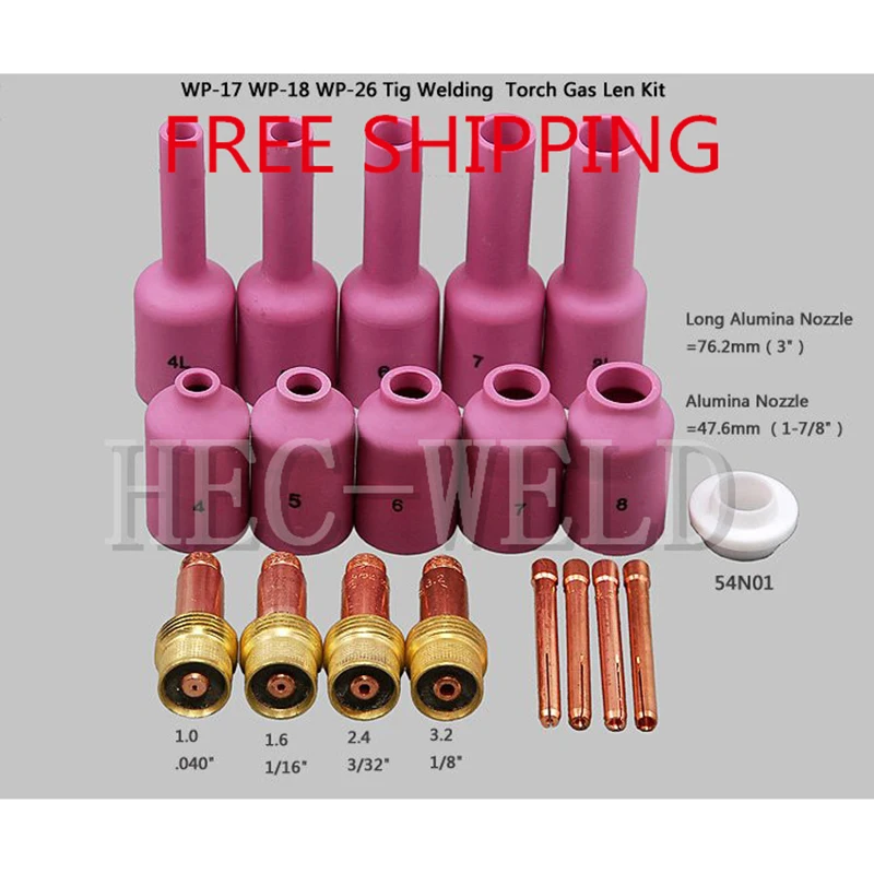 

FREE SHIPPING TIG KIT Long Gas Lens & Long Alumina Cup Fit TIG Welding Torch PTA DB SR WP 17 18 26 Series,19PK