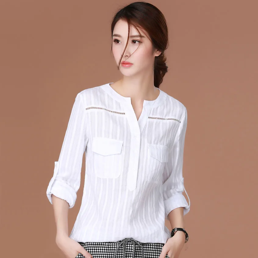 

Hollow Out Womens Top And Blouses Autumn Fashion Elegant Blouse Office White V-Neck Long Sleeve Pockets Women Shirt Blusas Mujer