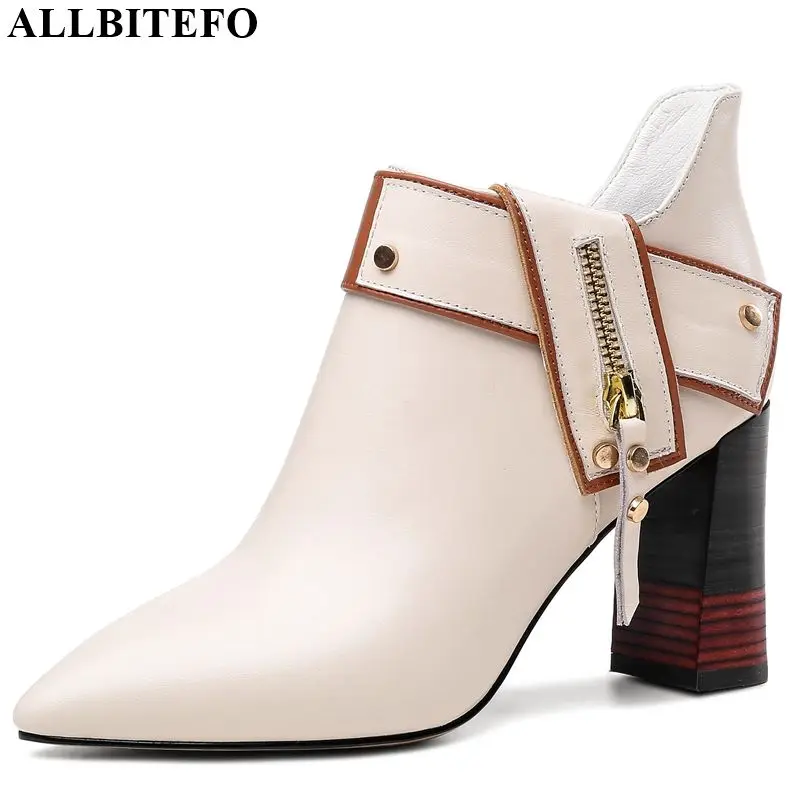 

ALLBITEFO natural genuine leather women boots Autumn Winter High quality pointed toe ankle boots comfortable fashion boots
