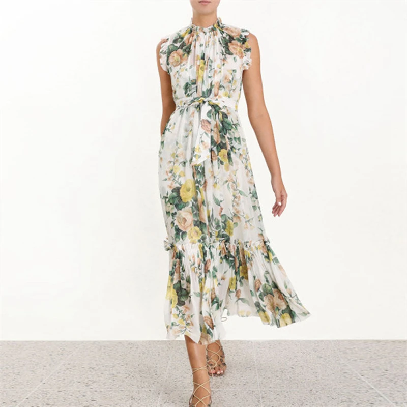 

2019 ZIM Style Runway Dress Women Vintage Floral Print Ruffles Midi Dress Female Holiday Party Beach Dresses