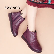

SWONCO Women Winter Boots 2018 Vintage Embroidery Handmade Genuine Leather Ladies Boot Ankle Boots For Women Winter Mother Shoes