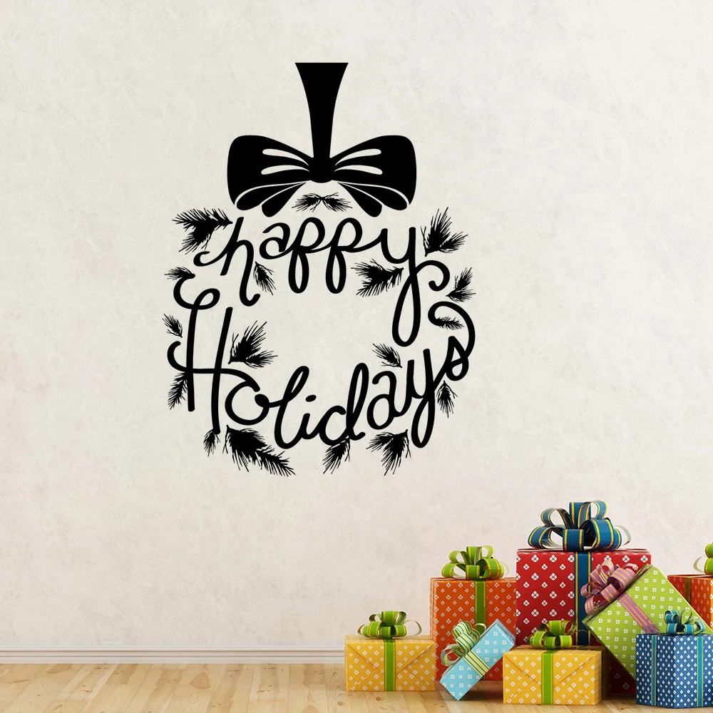 Happy Holidays Wall Decal Wreath Gift Window Vinyl Murals Chalkboard Vinyl Art Sticker Christmas