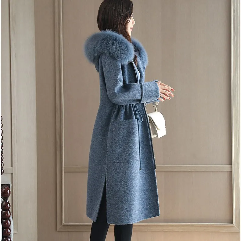 Automne Bleu Lacets Supérieure Laine Longs Qualité 2018 Nouveau En De À Hiver Coupe Manteaux Cachemire Vêtements Col Manteau Lâche Femmes Fourrure Capuche 1qT7pw