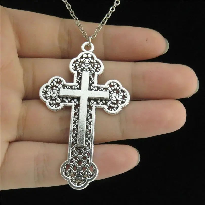 

Q1790 19-1 Free Shipping Vintage Silver Alloy Women Men Jewelry 54mm Flat Heart Cross Pendant Short Chain Collar Necklace 18"