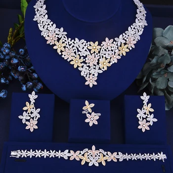 

SisCathy Trendy Jewelry Sets Flower Pendant Necklace Earrings Bangle Resizable Ring Jewelry Sets For Women Bridal Wedding
