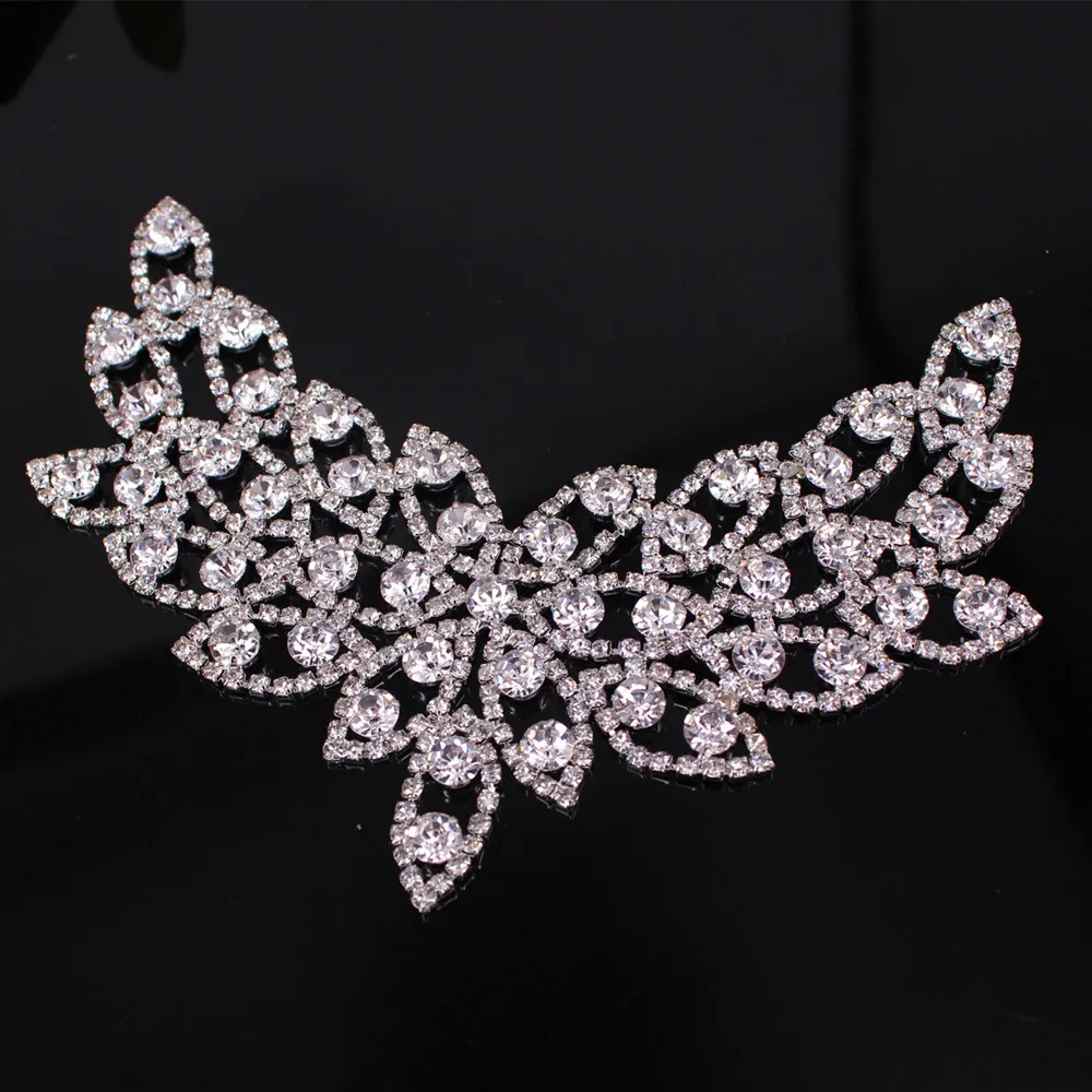 

8x17CM 1 pcs Neckline Sew on or Iron on elegant crystal applique for Wedding Bridal Belt and Sashes Rhinestone Applique Patches