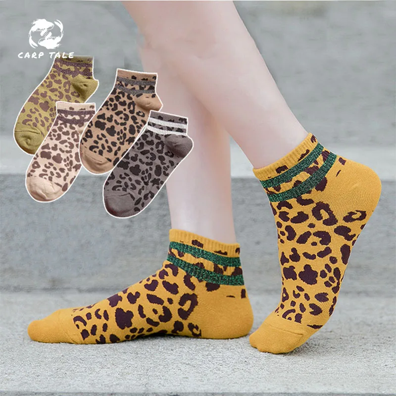 

CARP TALE Cool Leopard Print Women Ankle Socks Creative Novelty Glitter Socks Spring Summer Fashion Sparkled Shiny Short Socks