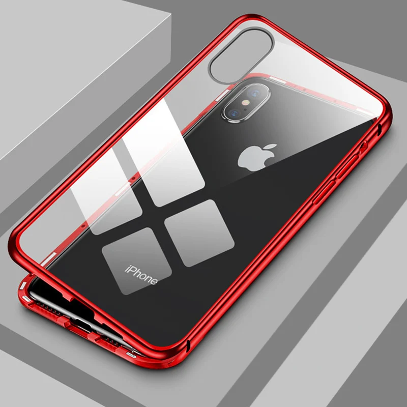Металлический магнитный чехол TRENDEX для iPhone XR XS MAX X 8 Plus 7 6S+ 360 градусов двухсторонний закаленный стеклянный магнит чехол для задней крышки - Цвет: Red