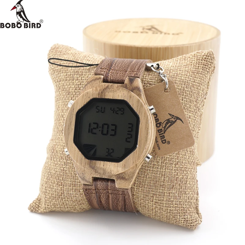 

BOBO BIRD Men Bamboo Wooden Watches LED Dial WristWatch relojes hombre clock in Gift Box Custom logo
