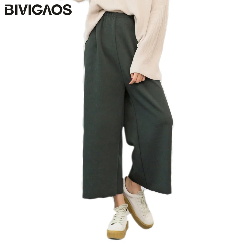 

BIVIGAOS New Thread Knit Wide Leg Pants Women Capris Pants Korean High Waist Loose Casual Cropped Trousers Women Fashion