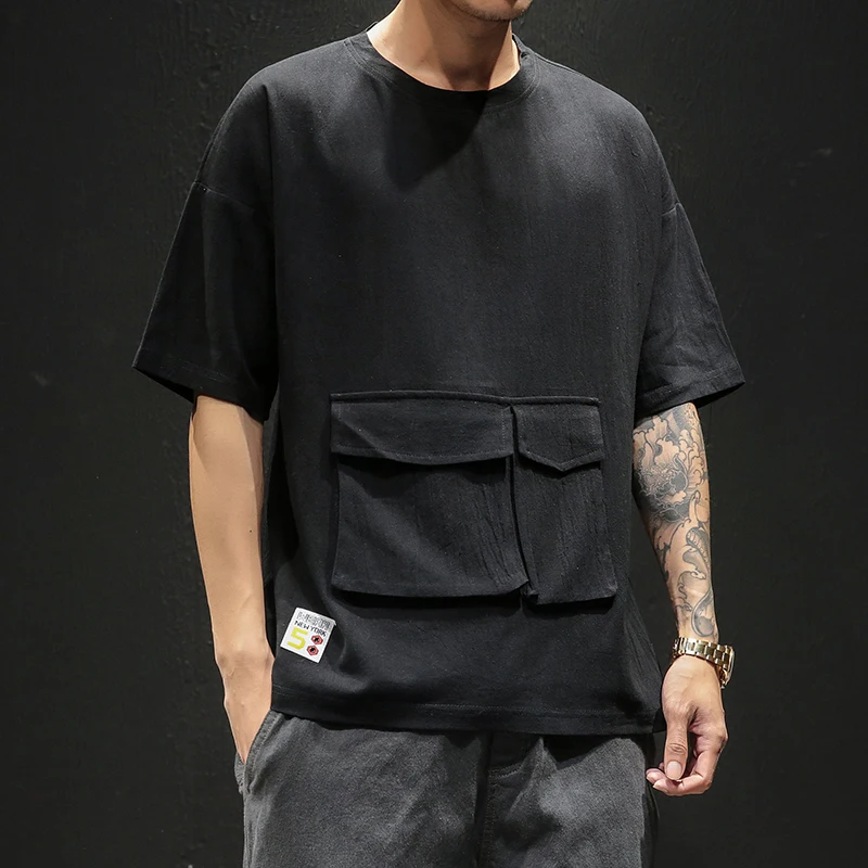 

Solid Color Male T-Shirt Big Pocket Men's T-Shirts O-Neck Large Sizes Black White Green Man's Short-Sleeved T-Shirt