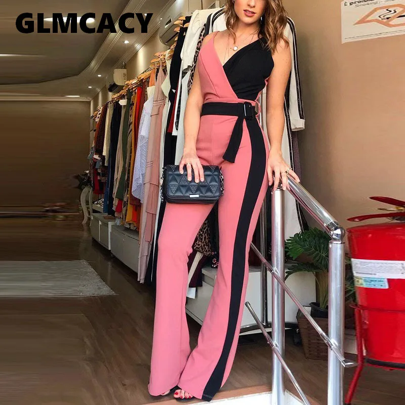 

Women Summer Casual Color Block Jumpsuits Spaghetti Strap Sexy V Neck Belted Jumpsuit Overalls Elegant Chic Streetwear