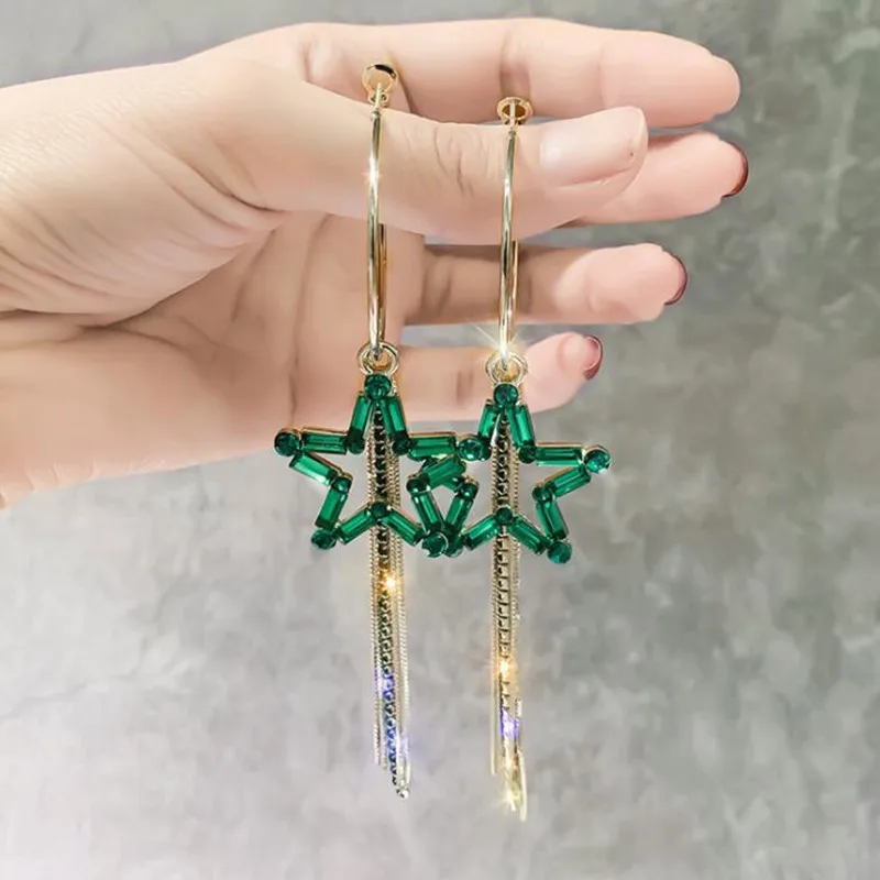 FYUAN модные серьги-кольца в Корейском стиле с длинной кисточкой, глянцевый золотистый Серебристый цвет, серьги с кристаллами для женщин, вечерние ювелирные изделия, подарки - Окраска металла: green