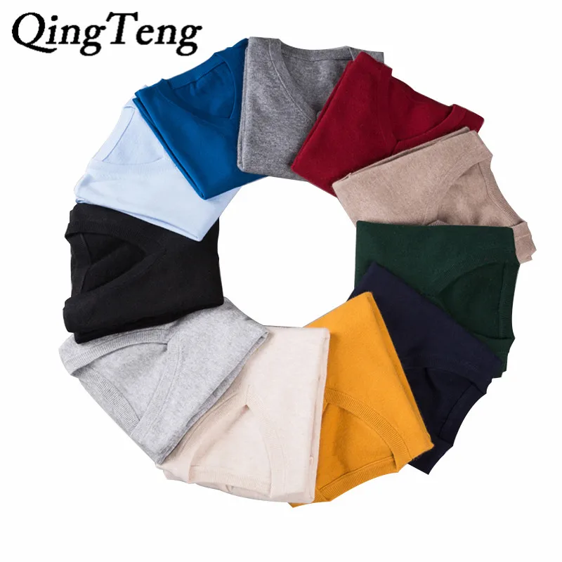 QingTeng السترة الرجال محبوك الكشمير الصوف البلوزات 2017 جديد الخريف الشتاء الدافئة لينة طويلة الأكمام الخامس الرقبة سترة قميص الذكور