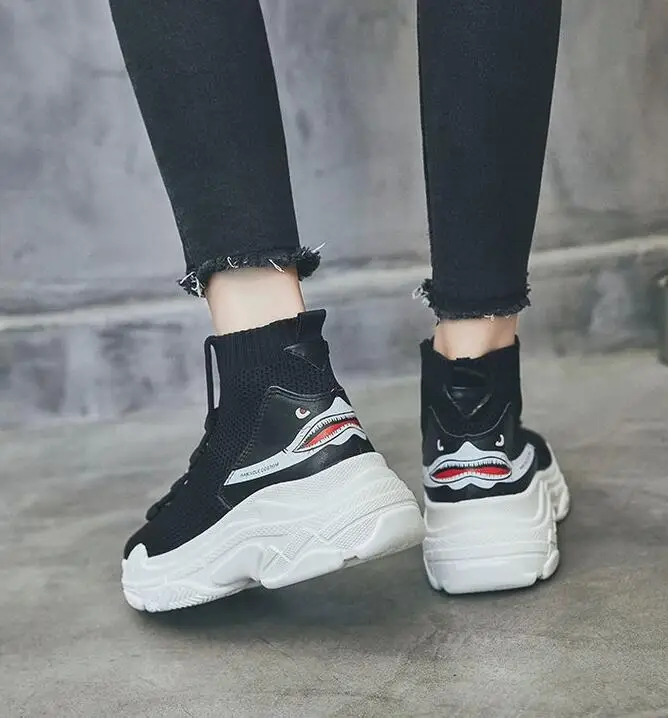 

New 2019 Flats High Top Sneakers Women Knit Upper Breathable Sock Shoes Thick Sole 5 CM Fashion Sapato Feminino Black