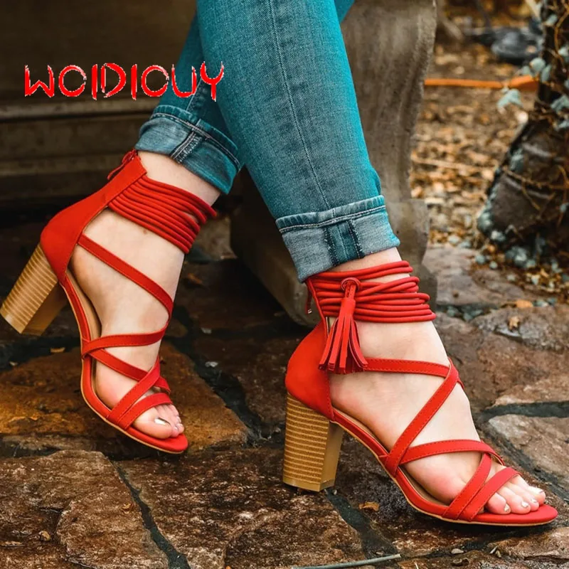 

Sandals Women High Heels Fringe Lace up Suede Ankle Sandals Gladiator Casual Summer Shoes Female Sandals Beach Shoes Women