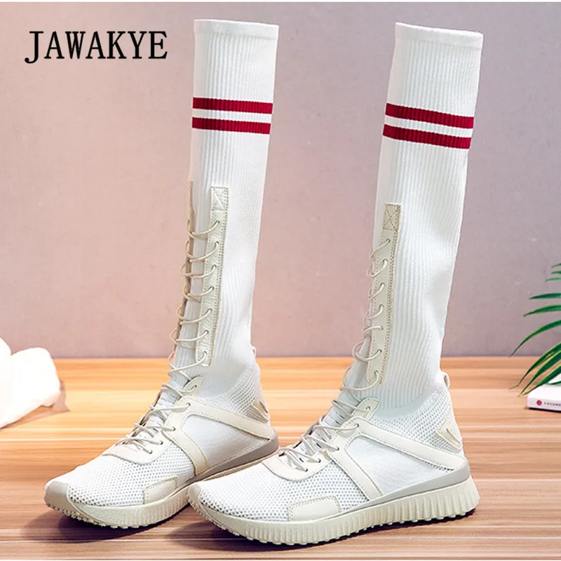 

2018 Chic Sock Boots Woman Round Toe Lace Up Mesh Stretch Thigh High Boots Women Fashion Casual Shoes