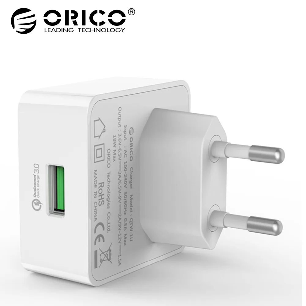 

ORICO 1 Port Travel Wall Charger With Qualcomm Quick Charge 3.0 with 1m Free Micro USB Cable EU/US/UK Type Plug-White(QTW-1U)