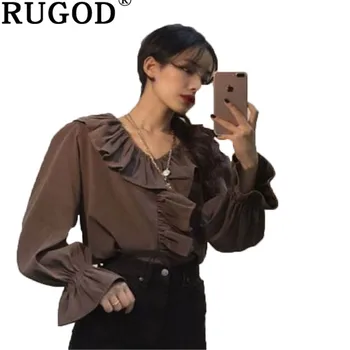 

RUGOD Casual 2019 spring Summer Ruffles Blouse women Fashion Solid Flare sleeve Office Ladies Shirts Blouses elegant V-Neck Tops