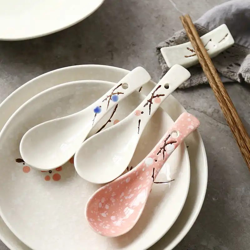 Japanese Ceramic Soup Spoons set of 2 Pink and White