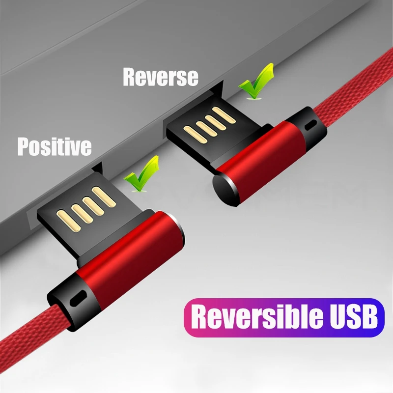 FBYEG 90 درجة عكسها المحمول الهاتف كابل المصغّر usb/نوع C كابل النايلون مضفر 2.4A سريع شحن L نوع الكوع لعبة كابل