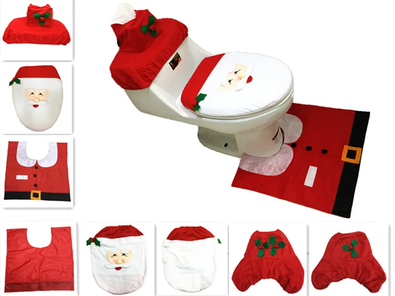 Toilet Foot Pad Seat Cover Cap Christmas Decorations Happy Santa Toilet Seat Cover and Rug Bathroom Accessory Santa Claus 1Set