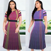 Cheap BAIBAZIN African Clothing Fashion Sexy European and American Color Stripes Short Sleeves Round Neck Slim Waist Long Skirt Cheap BAIBAZIN African Clothing Fashion Sexy European and American Color Stripes Short Sleeves Round Neck Slim Waist Long Skirt