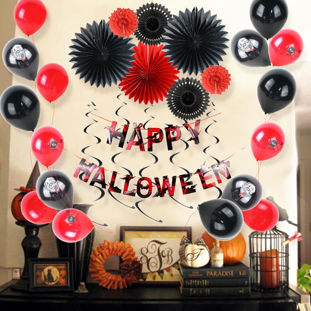 

Pack of 38 Eerie Halloween Decoration Kit Assorted Paper Pinwheels Scary Printed Latex Balloons Bloody Happy Halloween Banner