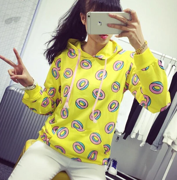  2018 Autumn Cute Donut Print Pullovers Women Hoodies Sweatshirts Yellow Unisex Sudaderas Mujer Fash