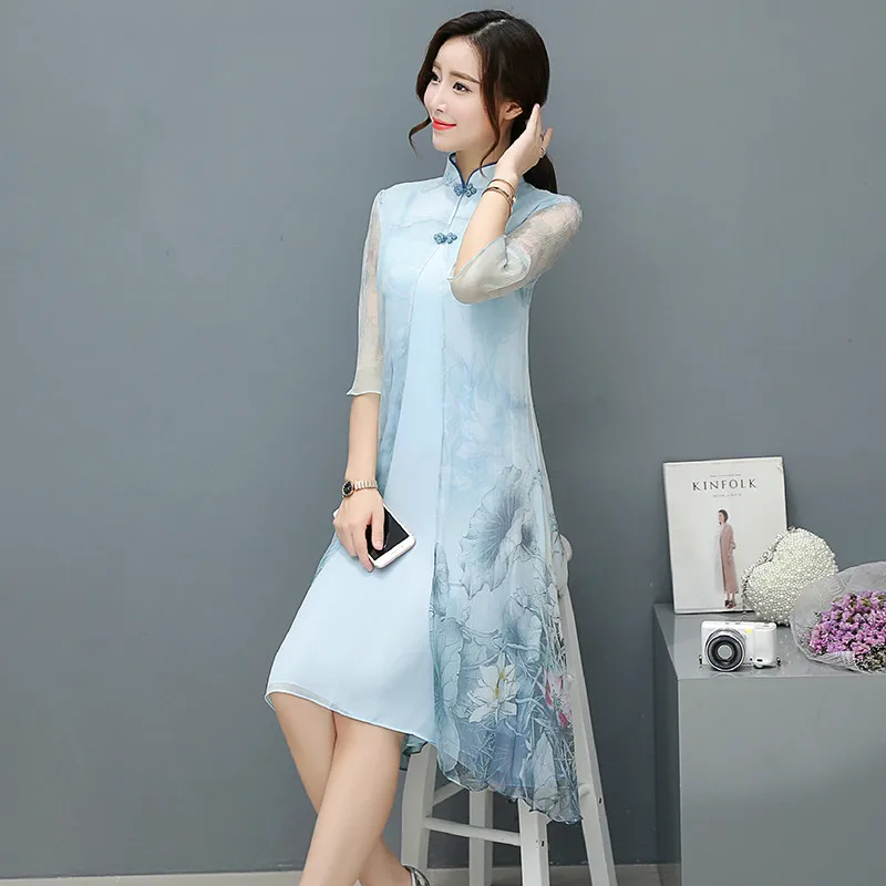 

beautiful 2018 high quality New spring Summer Dress Mandarin Collar Retro Chinese Style Dresses Women Plus Size Women Clothing