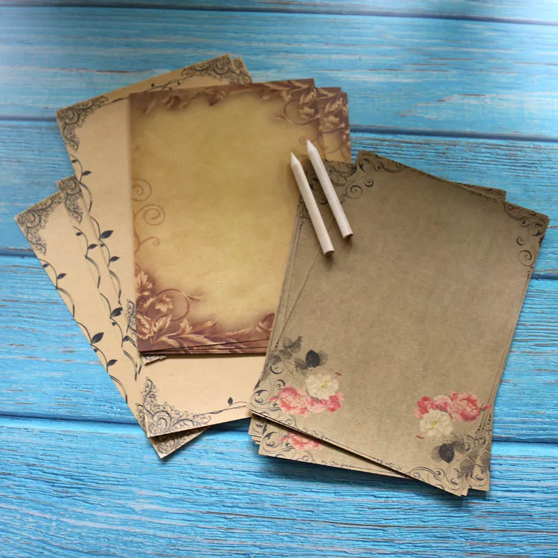 

16sheets Kraft Letter Paper Floral Flower Vintage Brown Writing Paper Stationery DIY Letterform Message Letter Pad Note Paper