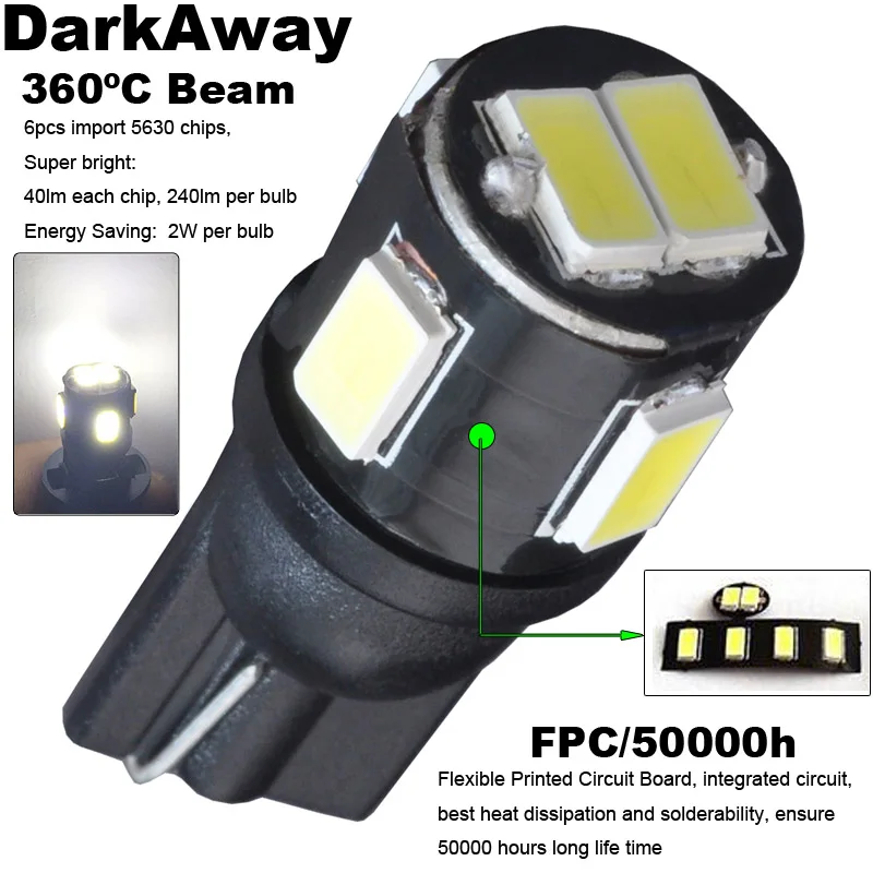 T10 LED Bulb 4 T10-5630-6WFPC DarkAway