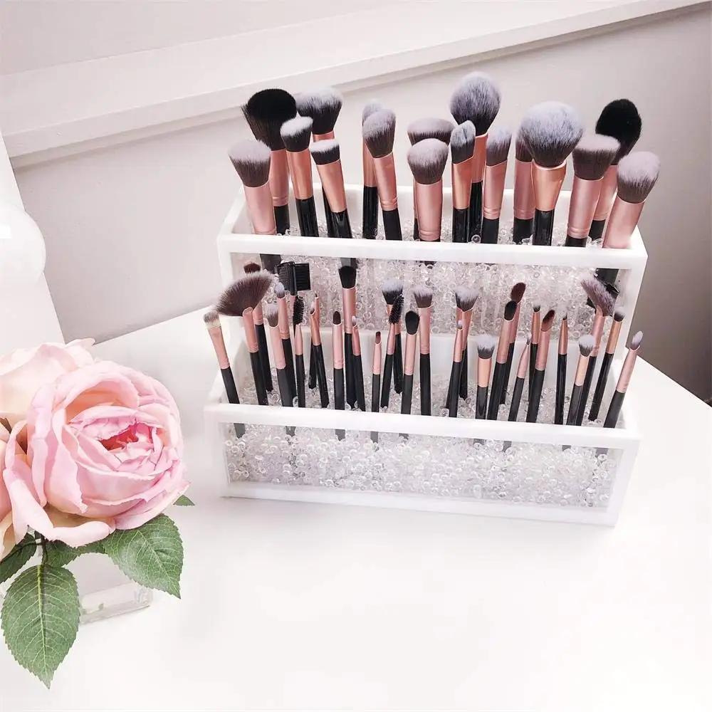 Acrylic Large Makeup Brush Holder 2-Tier Cosmetic Organizer for Vanity Cabinet Beauty Products Nail Polish