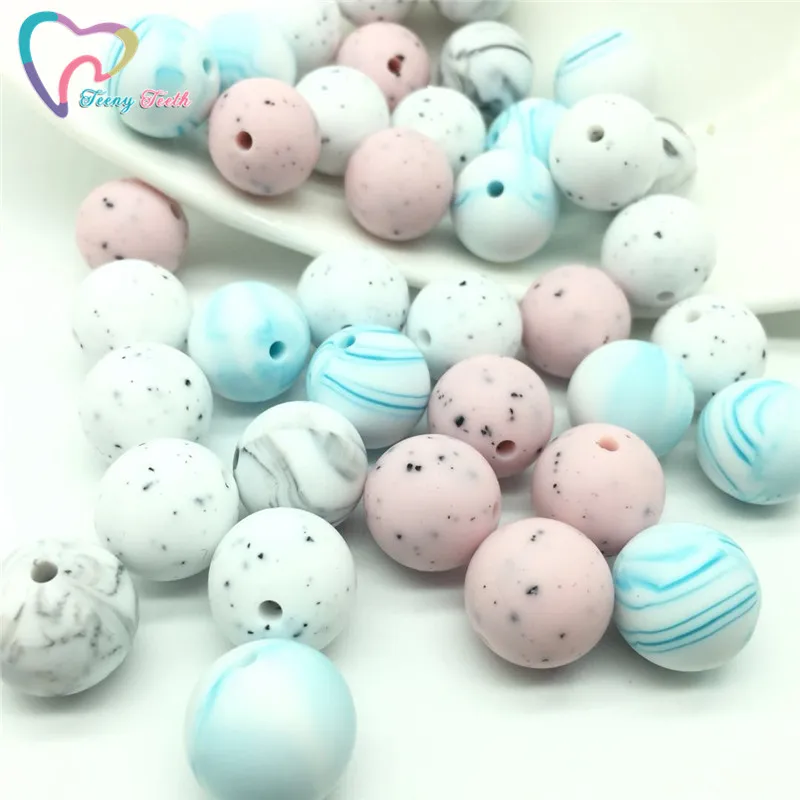 

Teeny Teeth 12-17MM Marble White Gritty Mix Baby Teething Accessories Silicone Round Beads DIY Nursing Kids Silicone Loose Beads