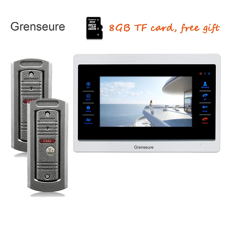 

Free Shipping 720P AHD HD 7" Screen Video Intercom Door Phone Unlock Kit Record Monitor + two 110 Viewing Angle Doorbell Cameras