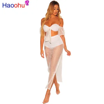 

HAOOHU Fishing net Hollow Out Mesh Summer 2 Piece Set Woman Strapless Short Lantern Sleeve Crop Top +High Slit Maxi Skirt Suits