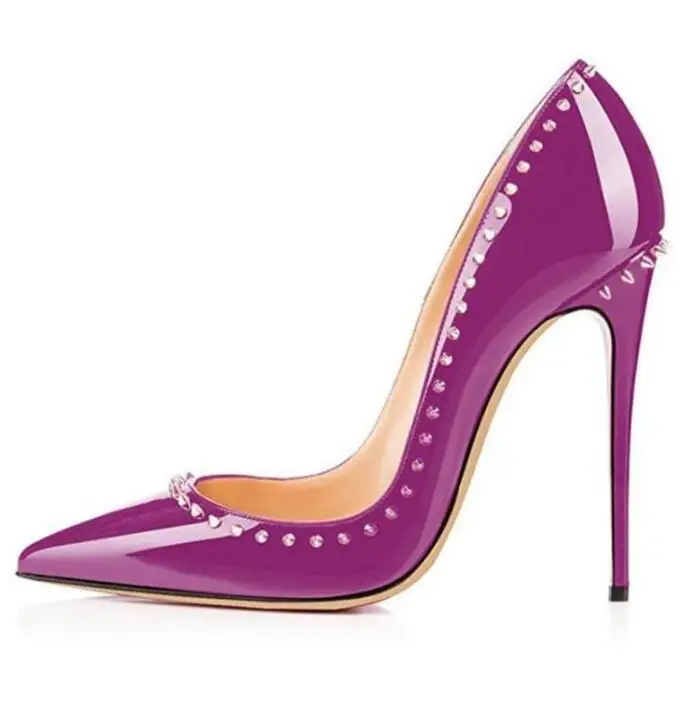 

Women Shallow Pumps Office Pointed Toe Stiletto High Heels Wedding Shoes Spike Rivets Purple Patent Leather Thin Heel Shoes