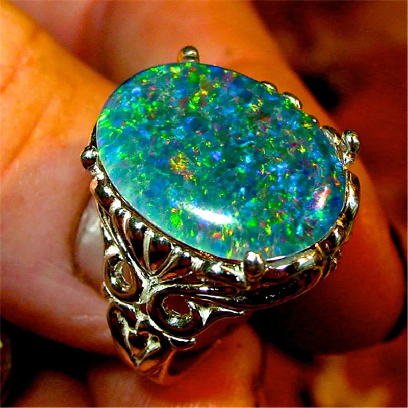 ZHIXUN New Sliver Oval green vintage Fire Opal ring For