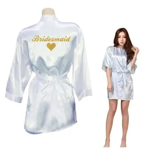 Bridesmaid Robes Bridesmaid Heart Golden Glitter Print Faux Silk Kimono Robes Wedding Gift Bride Team Bachelorette Lov