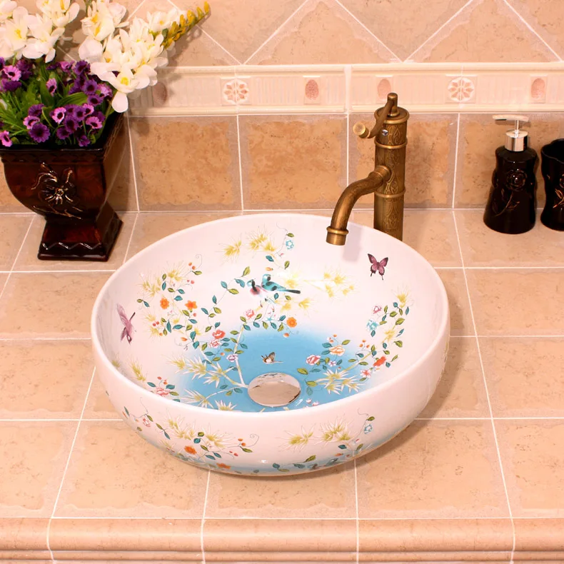 Porcelain China Classic Art washing basin Countertop Ceramic Bathroom Sink hand wash basin price flower and bird (4)