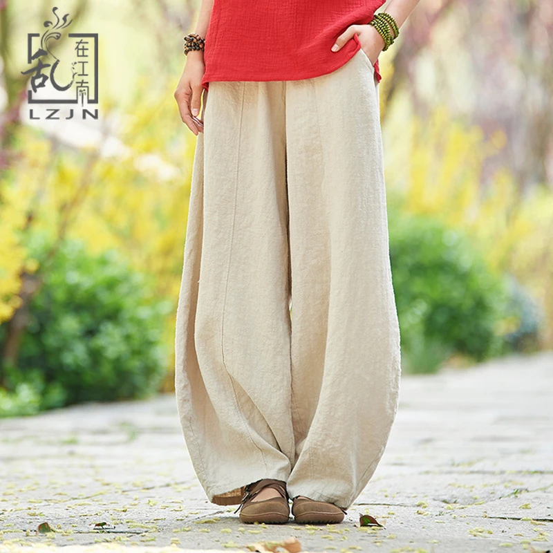 

LZJN 2019 Summer Autumn Baggy Pants for Women Elastic Waist Long Trousers Linen Bloomers Solid Color Loose Harem Pants Ladies