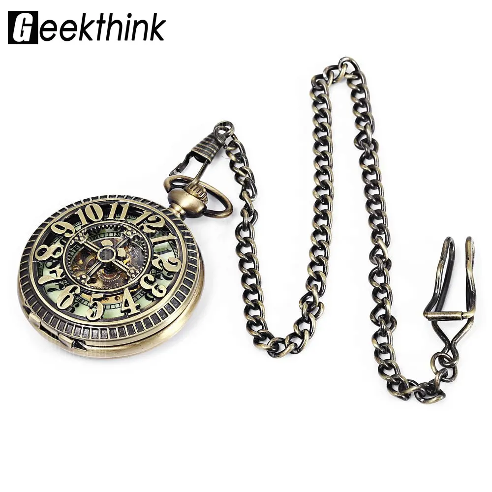 

Hollow Cross Design Vintage Hollow Retro Bronze Mechanical Pocket Watch Hand Wind Big Arabic Number FOB Watches