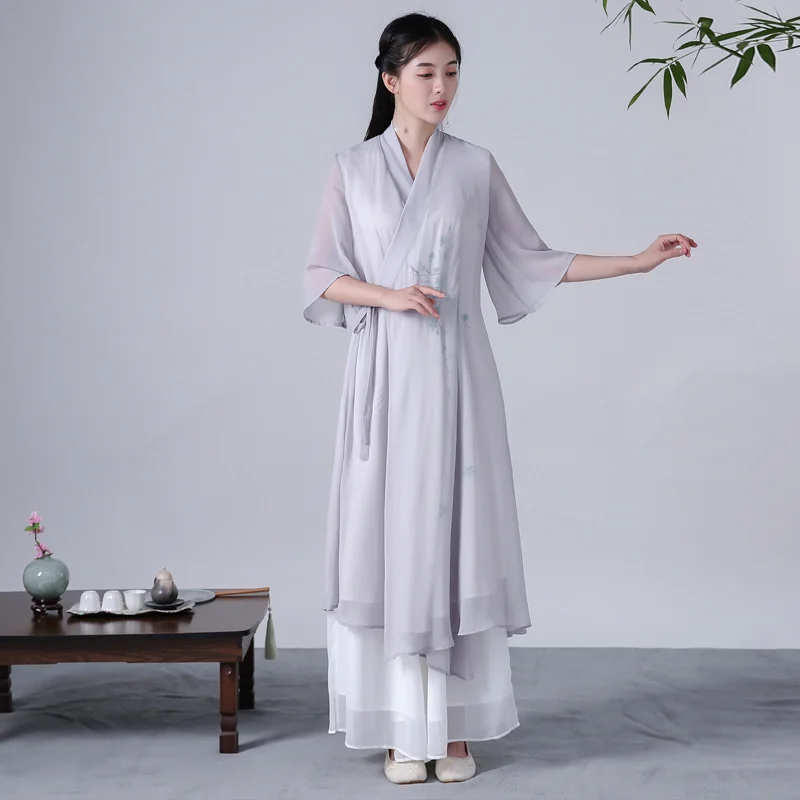 Весенне осеннее платье Hanfu с поясом женское хлопковое льняное шифоновое