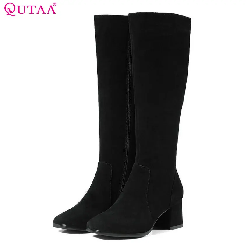

QUTAA 2018 Fashion Women Knee High Boots Zipper Cow Suede High Quality Square High Heel Square Toe Women Boots Size 34-39