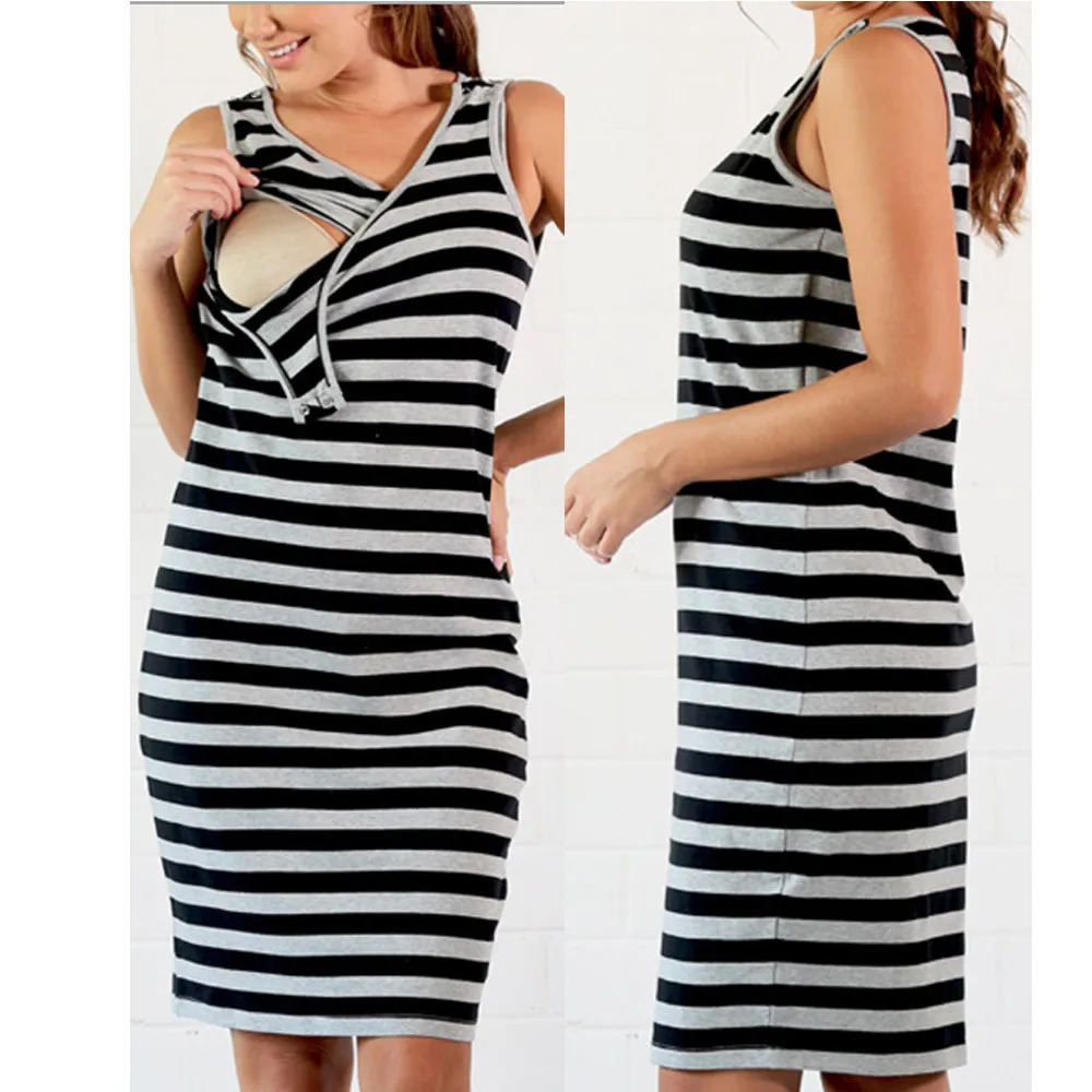

Fashion Pregnant Woman Stripe Sleeveless Lactation Multi-function Dress nurse breastfeeding clothes nursing top maternity dress