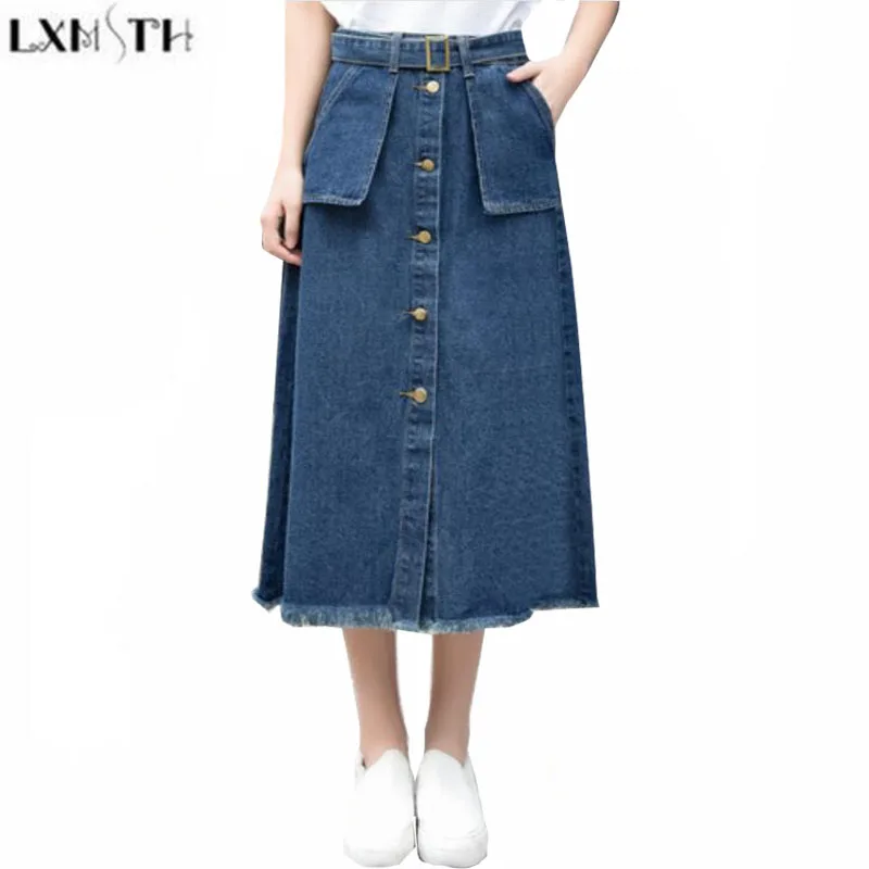 LXMSTH Plus Size Womens Denim Skirts Preppy Style Casual Long jeans