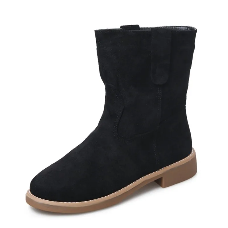 Cuculus Women Ankle Boots Flat Heels Shoes Woman Faux Suede Leather Boots Brogue Slip on Botas Black Brown Khaki Size 35-39 1420