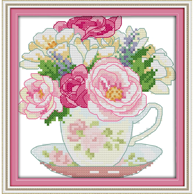 

Tea and flowers Counted Cross Stitch DMC Cross Stitch DIY Unfinished 14CT Cross-Stitch Kit Handmade Embroidery Needlework decor