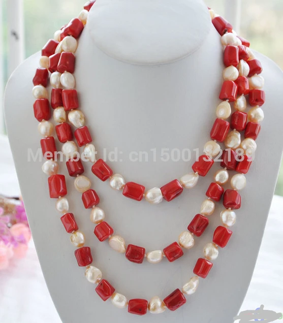 

j005458 65" 17mm red cylinder coral pink baroque pearl necklace (C0309)