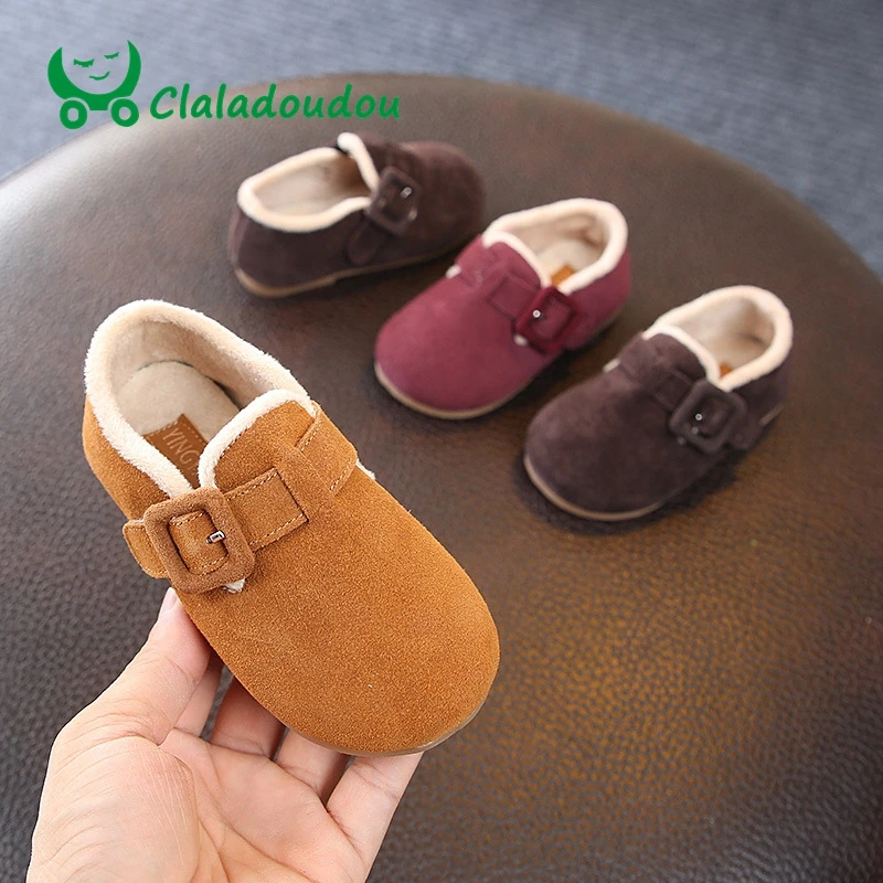 

Claladoudou 12-15.5CM Baby Genuine Leather Flats Fluff Warm Buckle Red First Walkers Brown Toddler Home Floor Shoes Infant Shoes